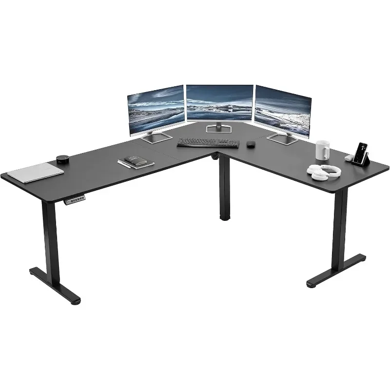 Electric Height Adjustable 75 x 63 inch Corner Stand Up Desk, Black Table Top, Black Frame, L-Shaped Standing Workstation