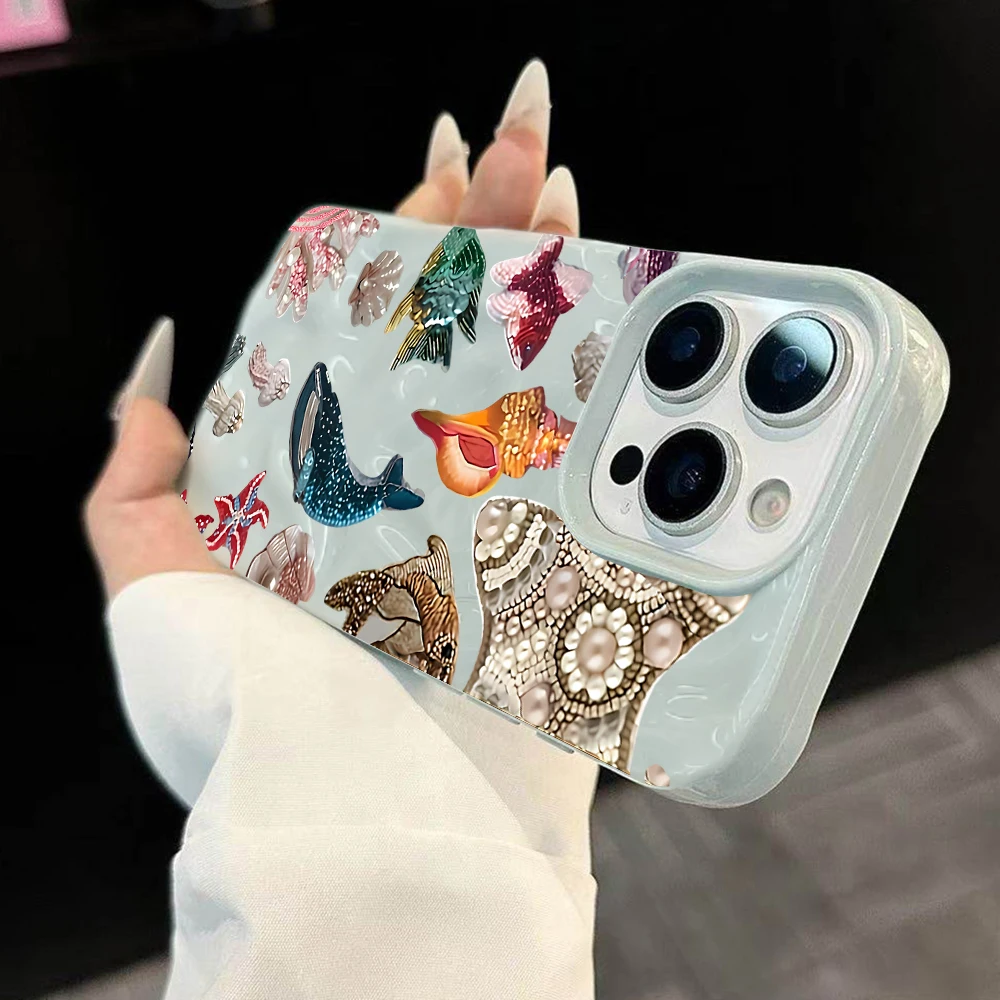 Luxuriöse Retro-Meerestier-Handyhülle für iPhone 17 16 15 14 13 12 11 Pro Max 14 Plus 17 Air Falten-Wellen-Soft-Silikon-Cover – Detail 1