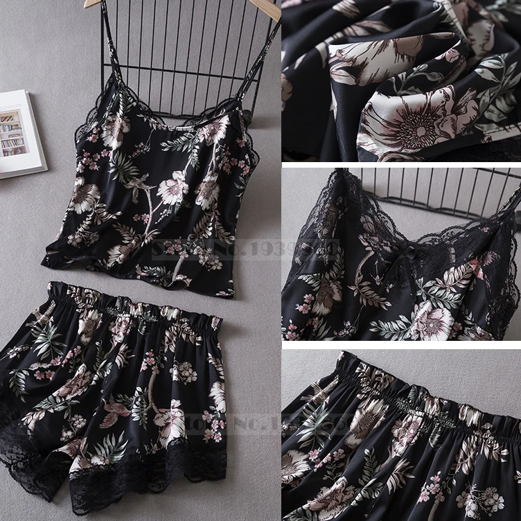 Black Print Flower Chemise Sleepwear Pajamas Set Summer Satin Strap Top&Shorts Lingerie Lounge Wear Loose Sexy Lace Home Wear