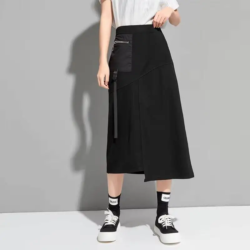 Women's Skirt Summer New Dark Personality Zipper Decoration Stitching Pocket Design Fashion Casual Loose Large Size Skirt