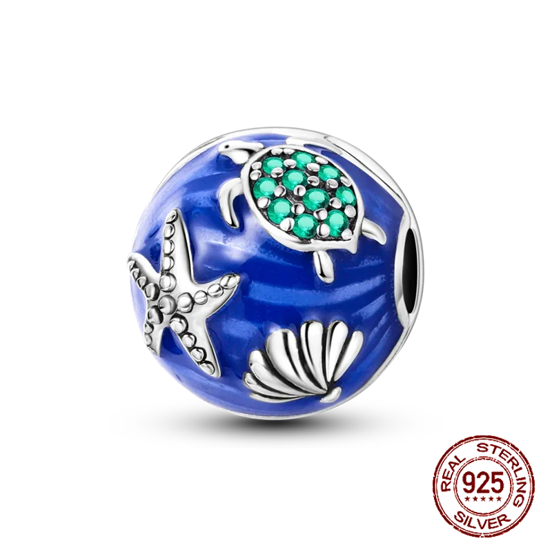 925 Sterling Silver Ocean Theme turtle octopus Seashells Charms Beads Fit Pandora Original Bracelets DIY Jewelry making women