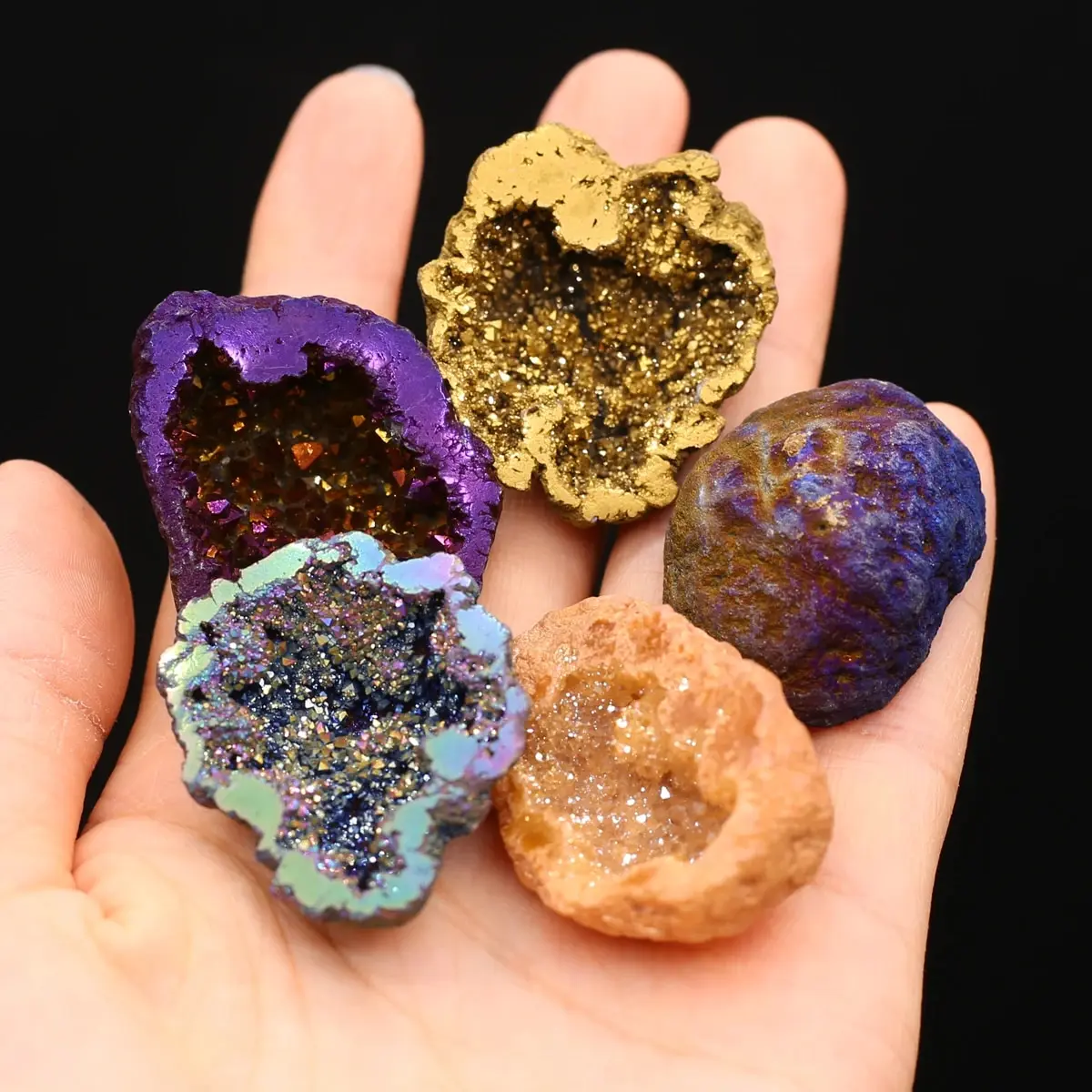 2pcs/Set Natural Agate Stone Treasure Bowl Crystal Hole Energy Gemstone Plated Color DIY Necklace Jewelry Display Ornament