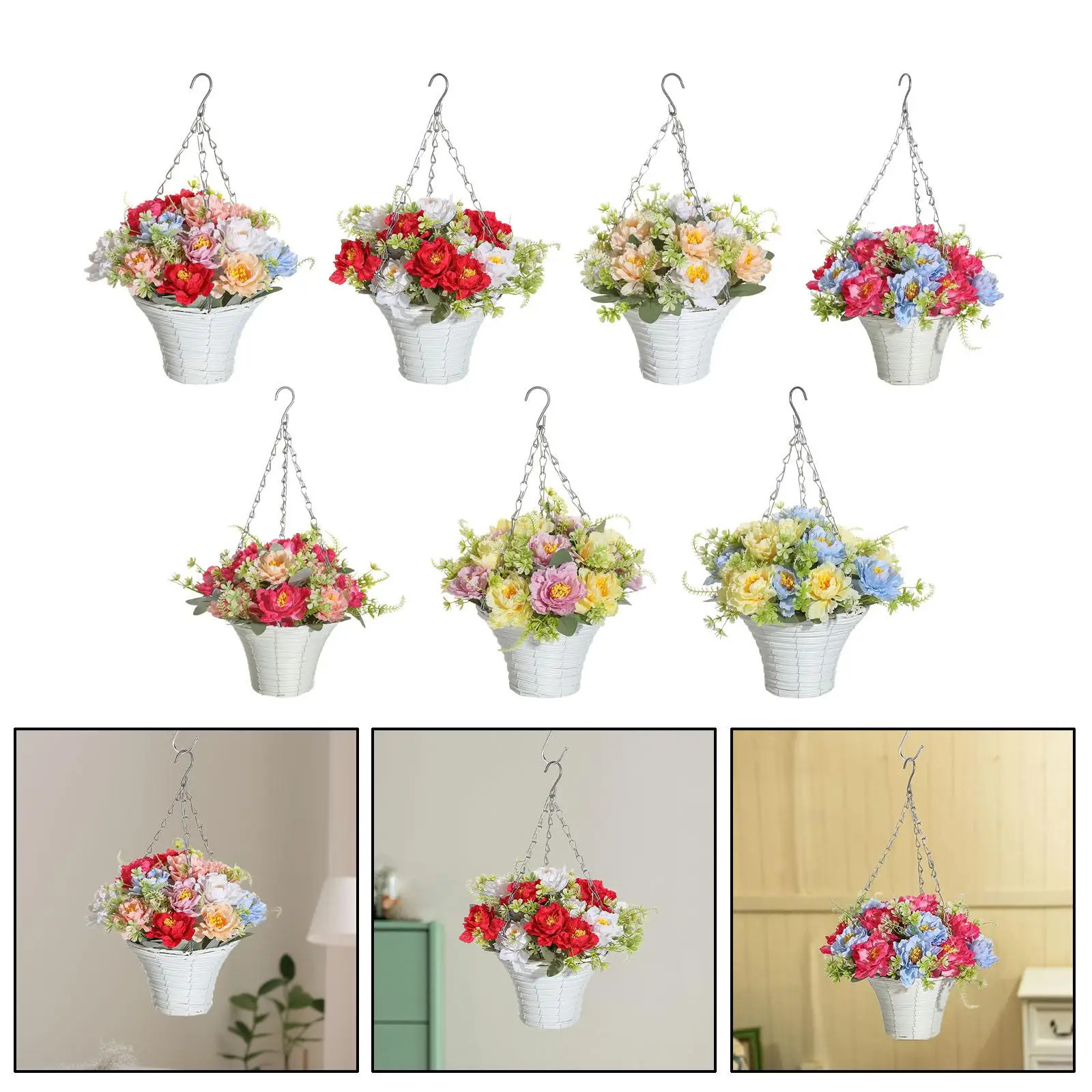 

Decorative Artificial Hanging Basket with Silk Flower Garland for Outdoor Patio Porch and Garden Use