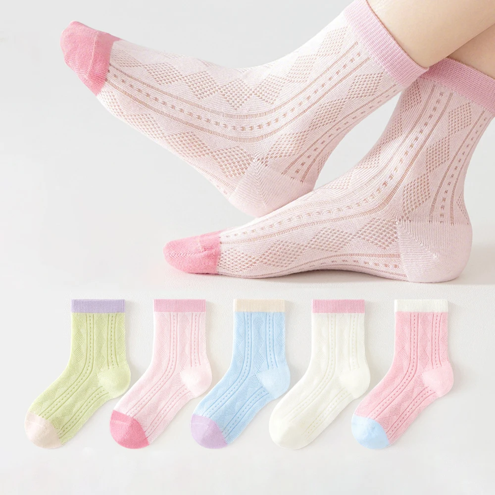 5 Paar Mesh-Socken für Kinder und Mädchen, Sommer, atmungsaktive Baumwoll-Crew-Socken, Bonbonfarben, ausgehöhlt, dünne Freizeitsocken für 3–12 Jahre