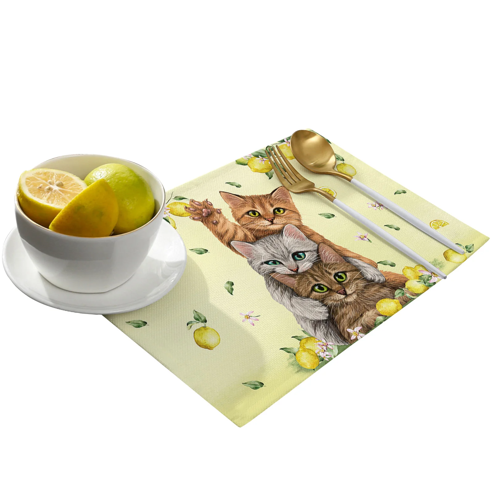 Lemon Idyllic Plaid Fruit Cat Placemat for Dining Table Tableware Mats Kitchen Dish Mat Pad 4/6pcs Table Mat Home Decoration