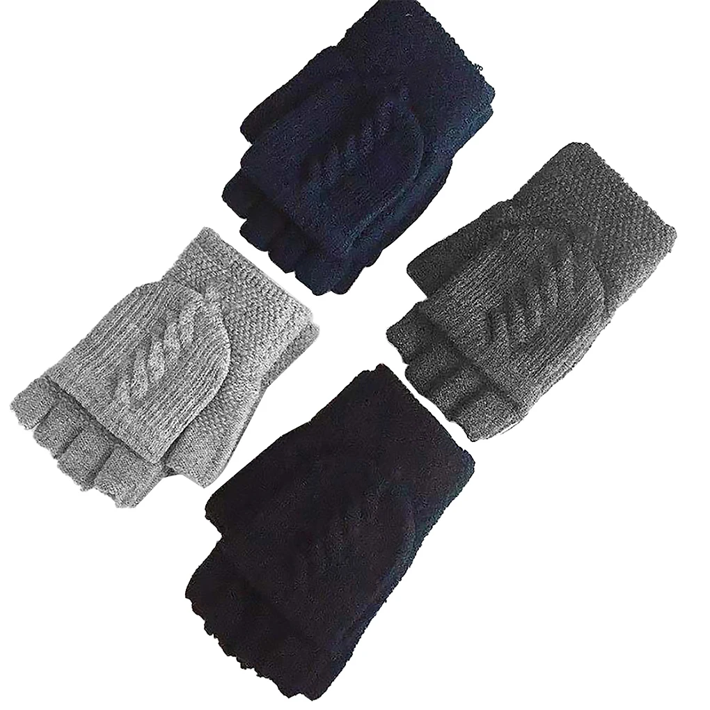 1 Pair Knitted Flip Top Gloves Winter Outdoor Hiking Camping Warm Fingerless Cotton Mittens  Dark Grey