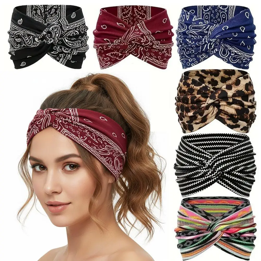 

6 шт., широкий женский головной убор с цветочным принтом в богемном стиле, эластичный тюрбан, аксессуары для волос, головные уборы, повязка для бега, широкие ленты для волос, повязки на голову