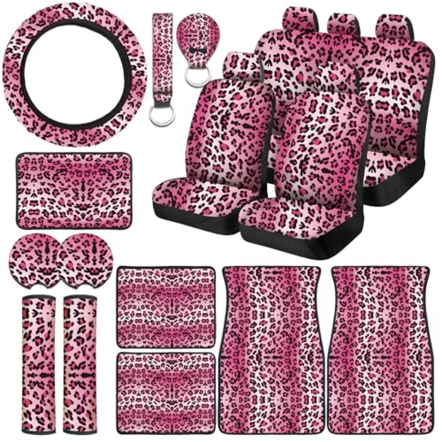 

19 Pcs Leopard Print Printing Car Seat Cover Full Set, Car Steering Wheel Cover Center Console Armrest Pad Headrest Seat Belt C