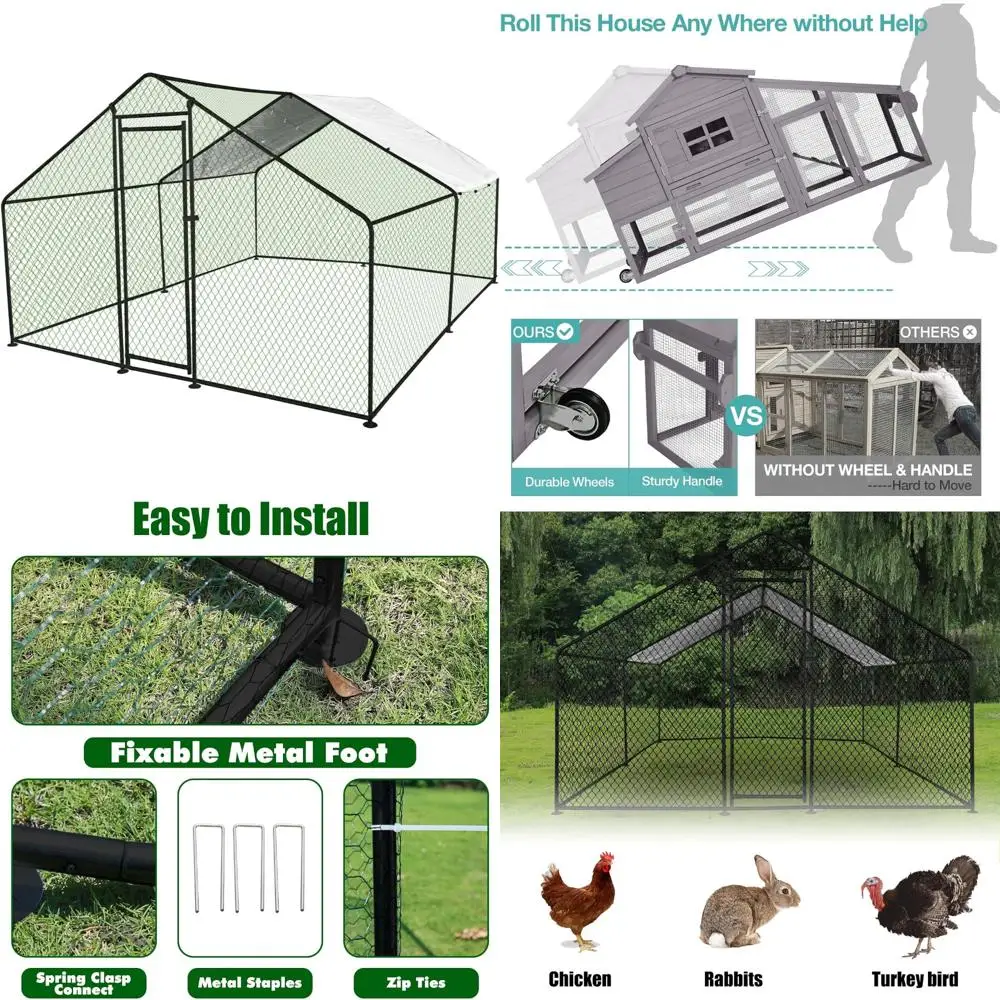 Pollo grande de metal de 10 pies con paseo, cubierta impermeable para aves de corral, adecuada para gallinas, conejos y animales de granja