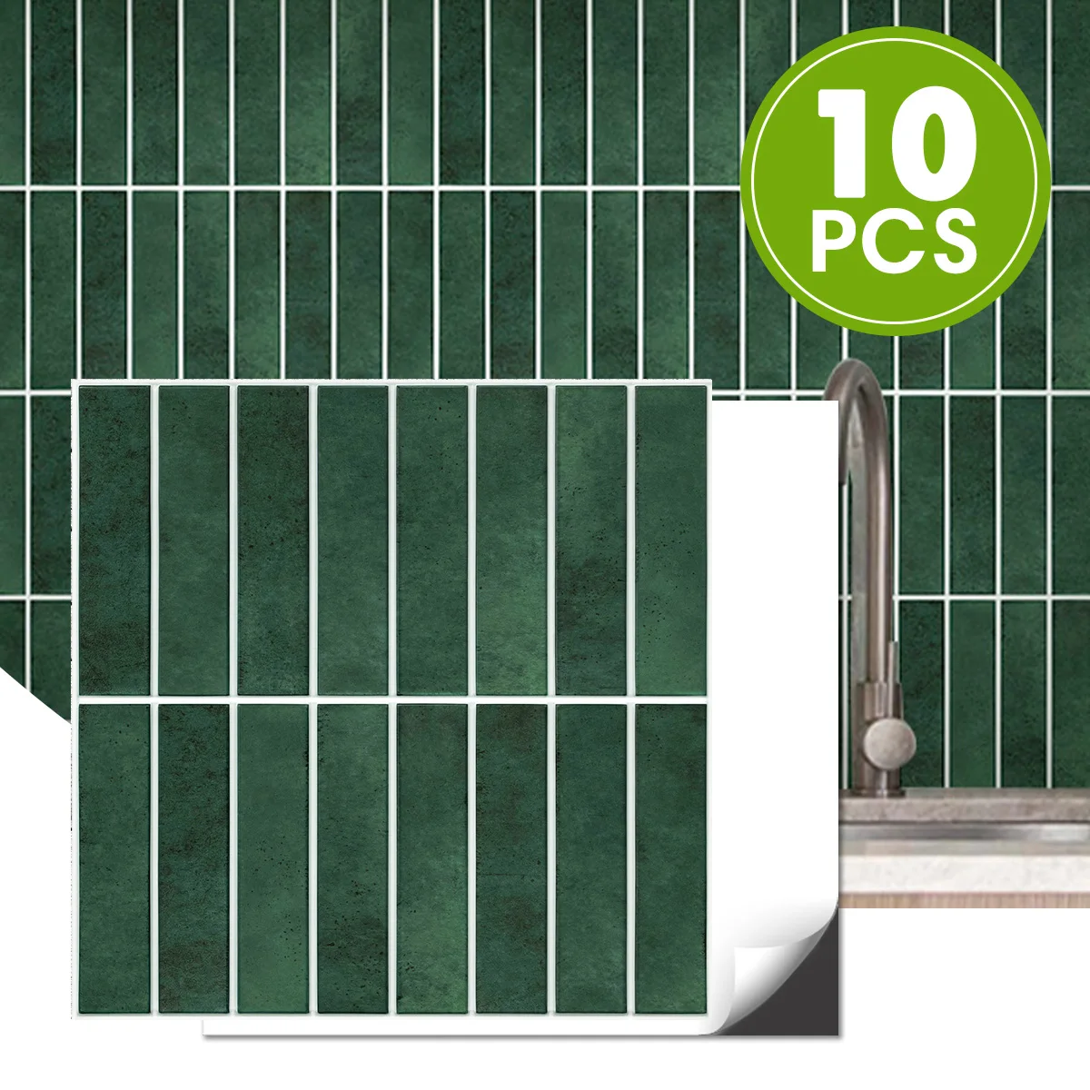 

Commomy 10 Pcs Matte Peel and Stick Tiles, 3D Wall Stickers Waterproof, Green Tile Backsplash Stickers, Wall Decor