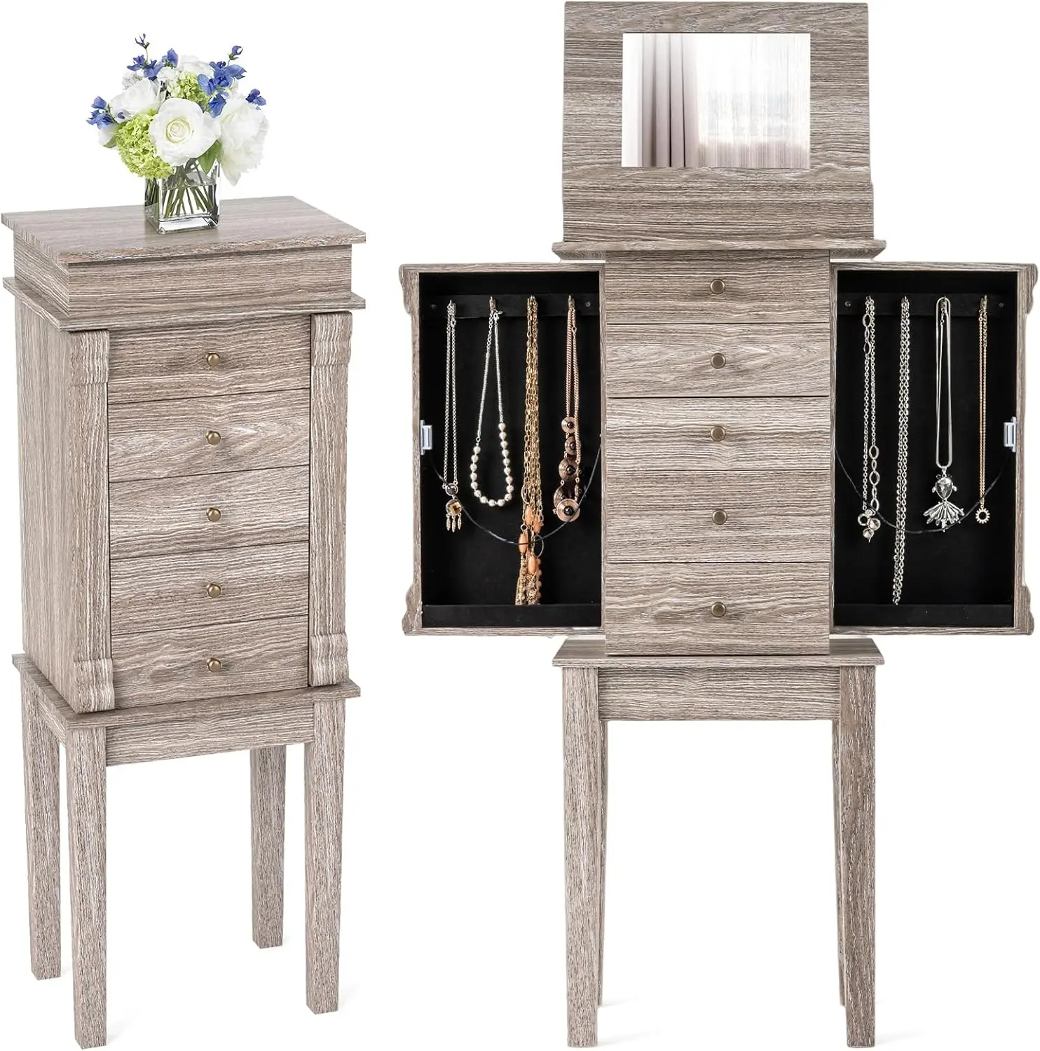 

Jewelry Cabinet Armoire with Flip Top Mirror, 5 Drawers & Swing Doors, Space-Saving Jewelry Organizer for Necklaces, Rings