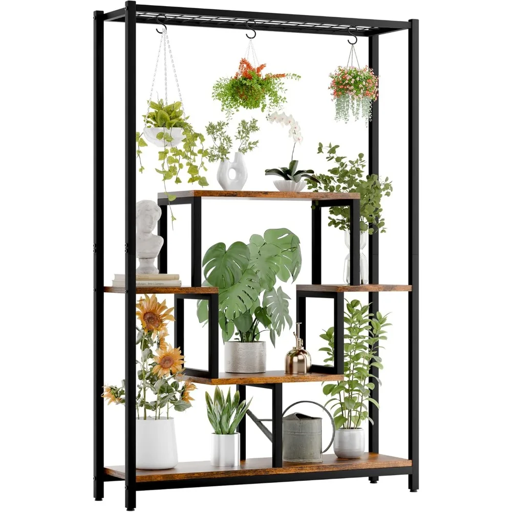 Indoor Tall Plant Stand, 70.9 inches Large Metal Plant Shelf with 10 Hanging Hooks, 5-Tier Multi-Purpose Flower Bonsai Pots Dis