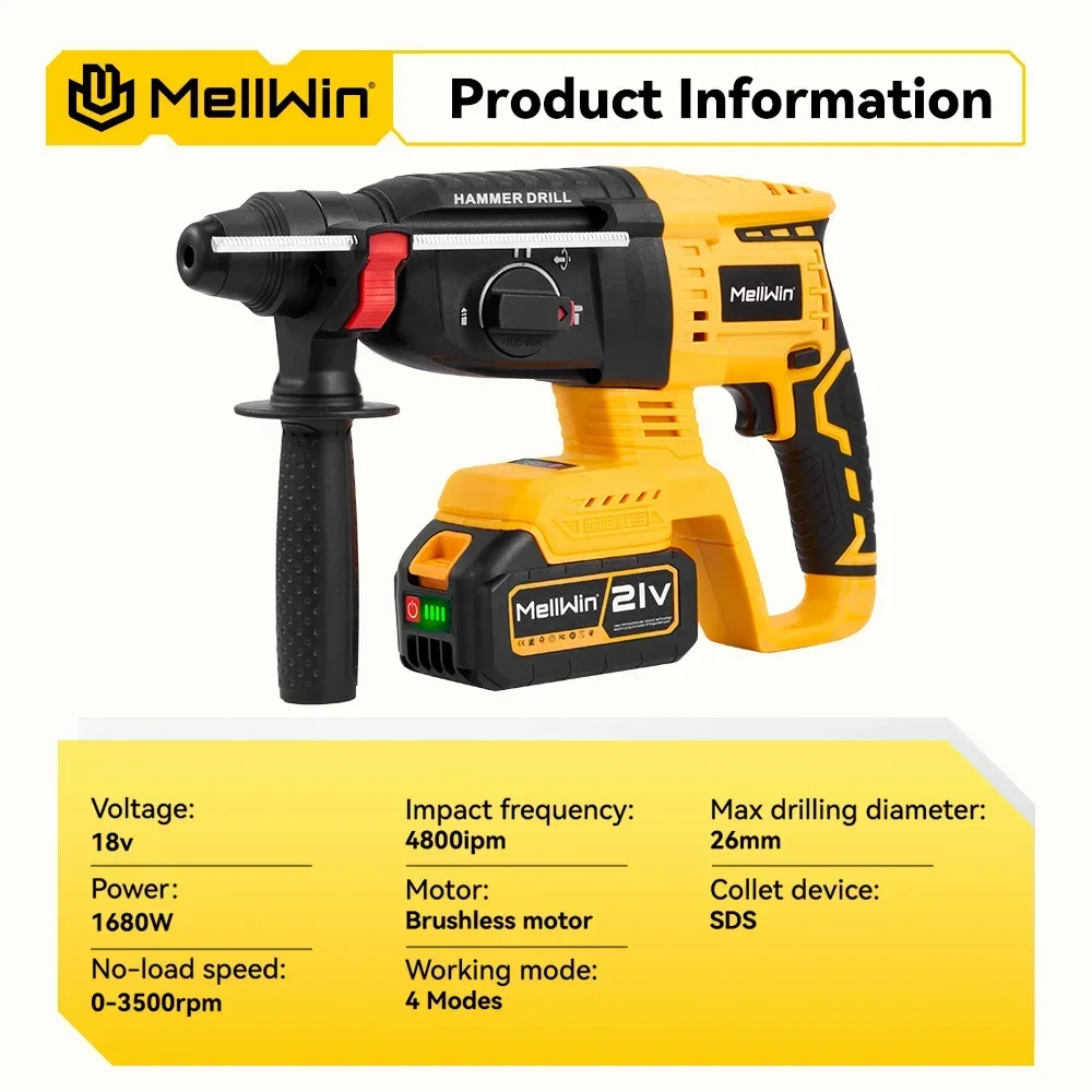 MELLWIN Electric Hammer Drill 26mm Brushless Cordless Household Rotary Impact Hammer Power Tool for Makita 18V Battery Pin - Image 6