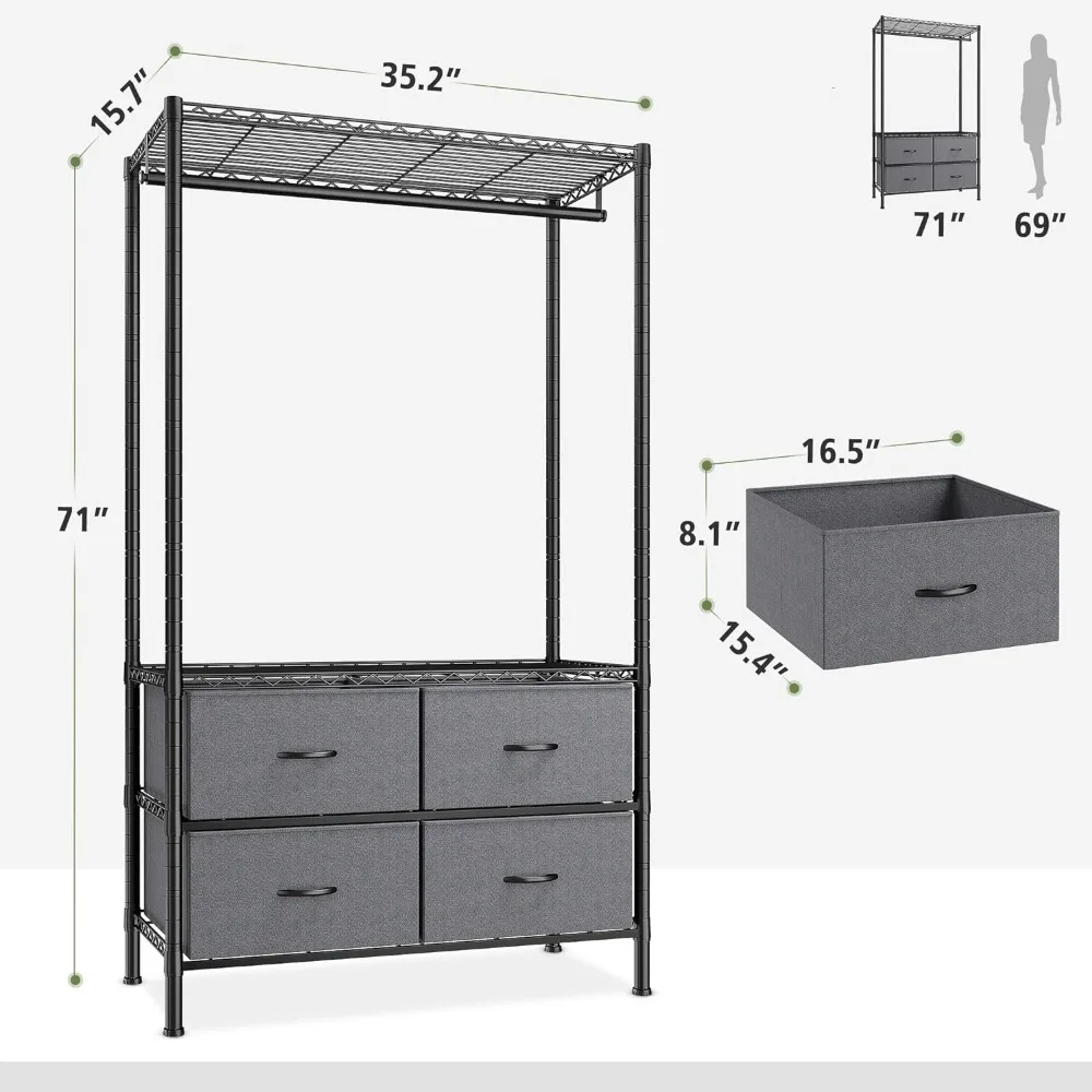 Clothing Rack Garment Rack Closet Rack with Drawers Heavy Duty Clothes Racks for Hanging Clothes, DIY Portable Black Wardrobe