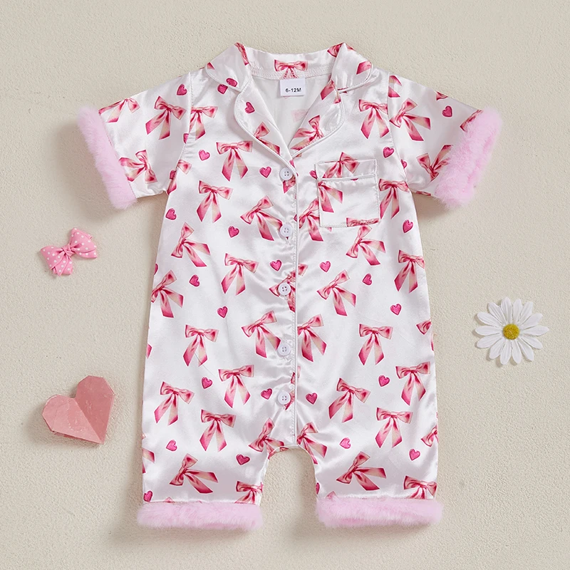 Infant  Jumpsuit PJs Floral Pattern Ruffle Trim Short Sleeves Collared Front Button Satin Nightwear Set