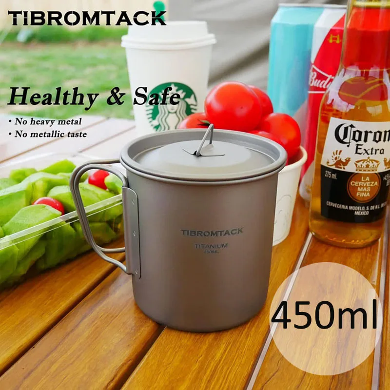 Portable Titanium Outdoor Camping Mug with Lid, Military Mug with Mesh Bag, 450ml