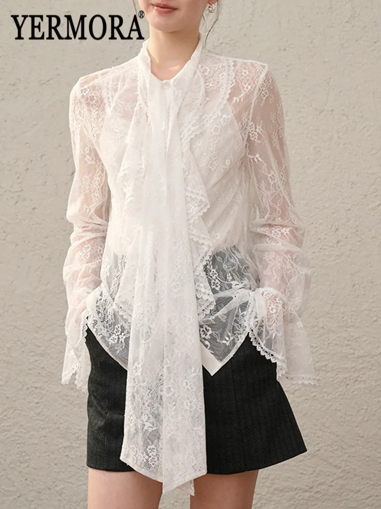 

YERMORA Белая кружевная элегантная блузка для женщин с длинным рукавом, свободная новая рубашка + жилет, модный тренд Весна-Лето 2026
