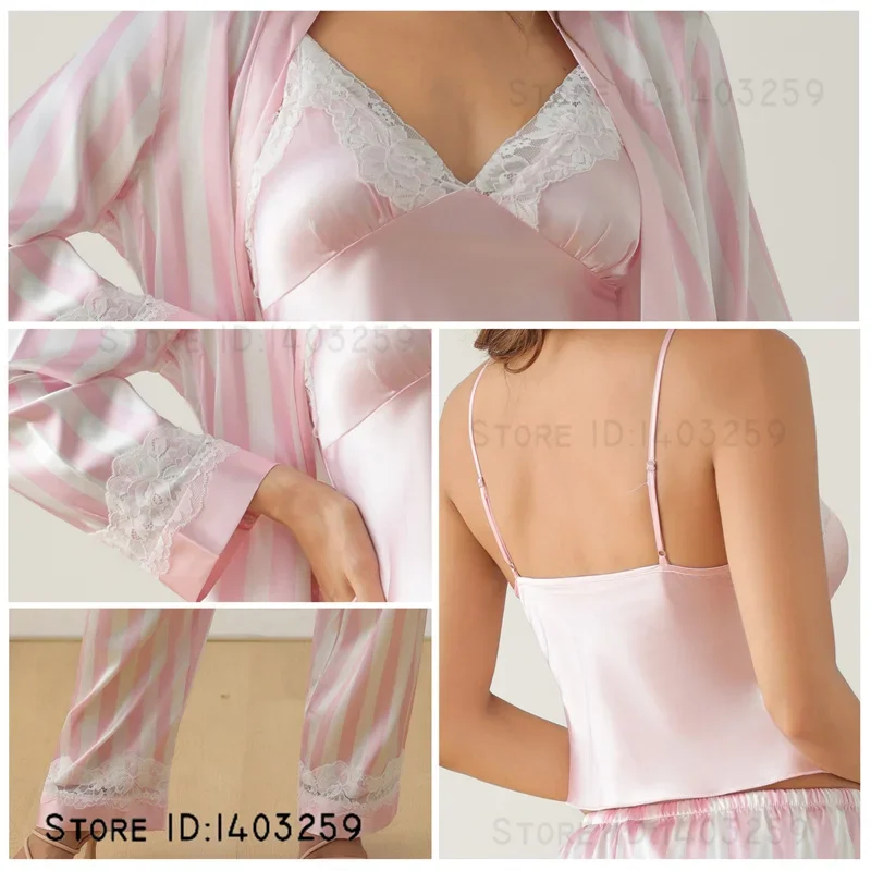 

Female Long Sleeve Cardigan Cami Pajamas Set Sexy Lace Lingerie Sleepwear Trouser Pijamas Suit Loose Ice Silk Homewear Pyjama