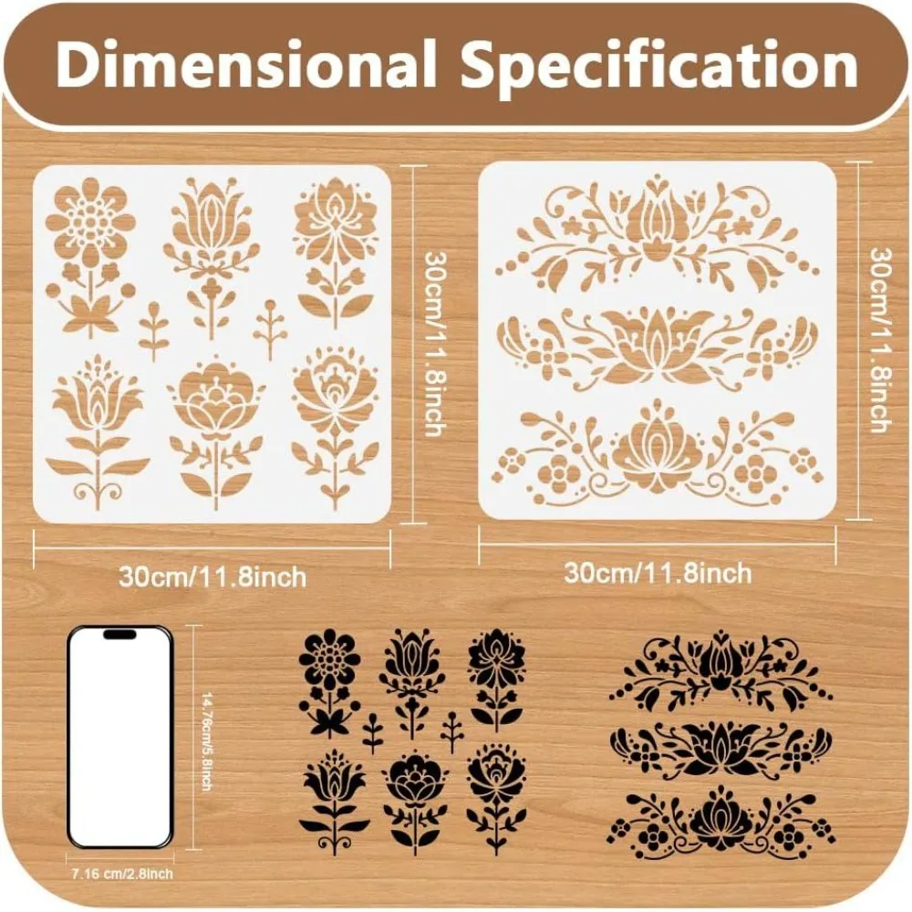 2Pcs Flower Polish Folk Art Stencils for Painting 11.8