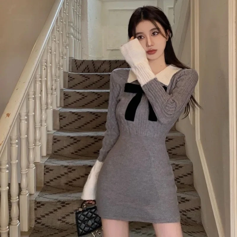 فستان نسائي منسوج بفيونكة عروض عالية الجودة موضة كورية مريحة كاجوال أساسية جديدة في فساتين كروشيه نسائية وردية #6