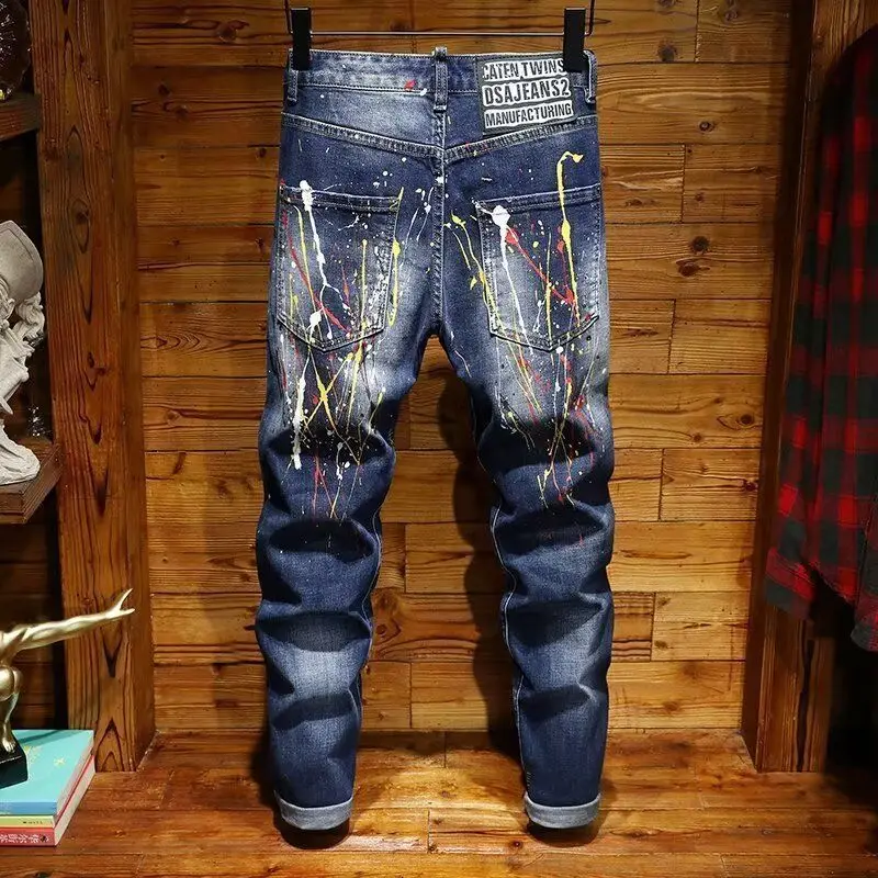 New 2025 Spring Autumn Luxury Clothing Slim Casual Pencil Pants Men's Jeans with Hole Patch Paint Denim Workwear Trousers