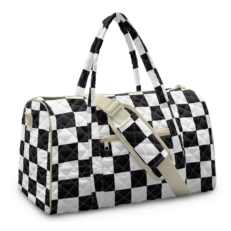 Custom/Wholesale Black and White Plaid Travel Bag Large Capacity Luggage for Sports, Travel and Outings.