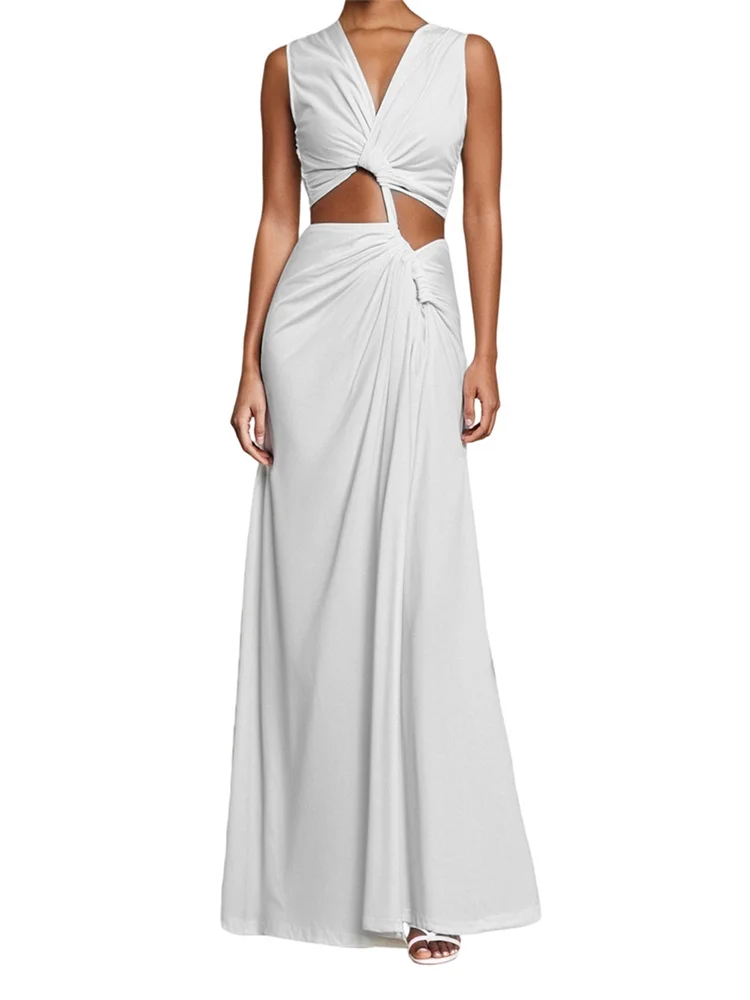 CHRONSTYLE-Vestidos largos largos para mujer, vestido largo anudado de Color sólido con abertura alta, Vestidos femeninos sin mangas con cuello en V de verano 2025