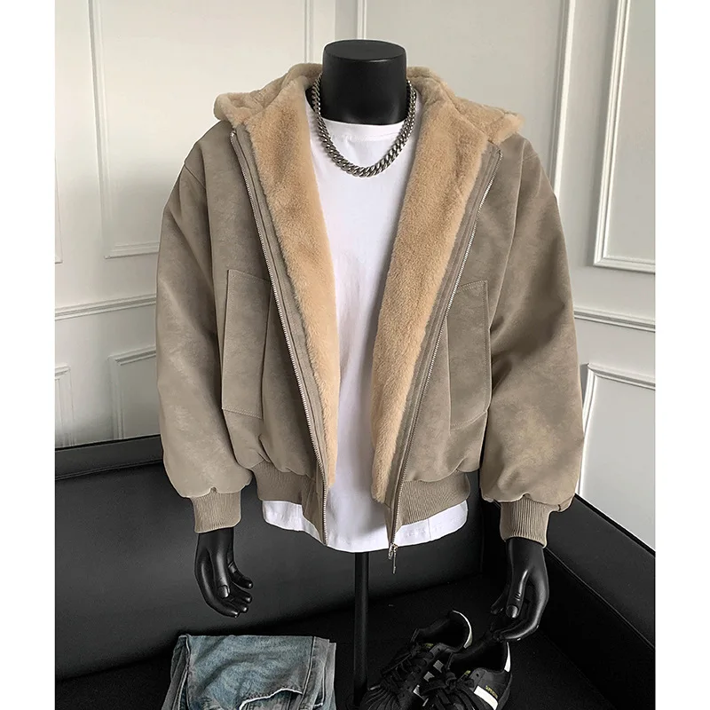 

American-style hooded leather jacket, cotton coat, men's and women's winter fleece-lined, thickened, warm coat with fur collar.