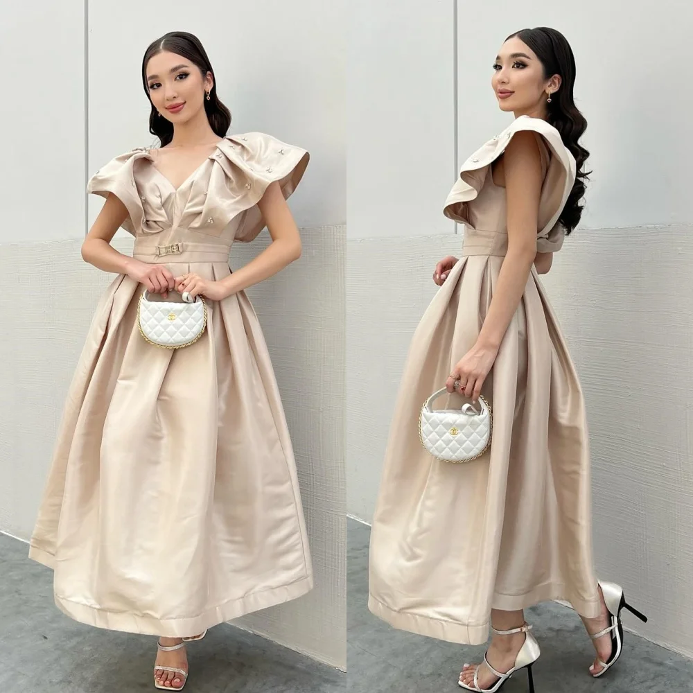 

Customized Fashion Elegant Satin Pleat Ruched Rhinestone Draped A-line V-neck Midi Dresses Celebrity Dresses Sizes Available Pas