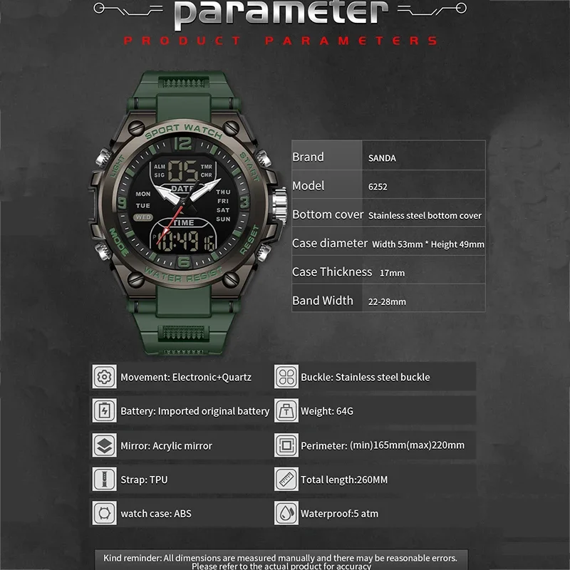 SANDA New Fashion Men Watch Multifunctional Outdoors Sports Waterproof Wristwatch LED Luminous Electronic Digital Men Watches