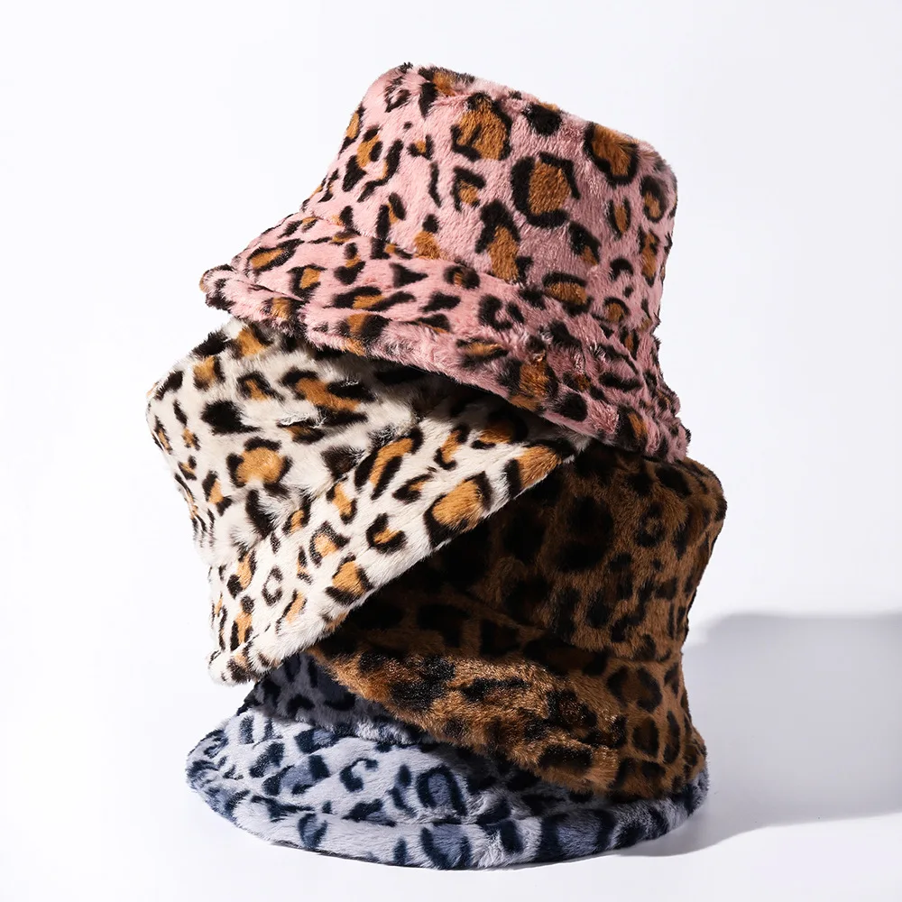 

Fashion New Autumn and Winter Leopard Print Pattern Bucket Hat Women's Fleece Thick Cow Pot Fisherman Hats Versatile Bowler Caps