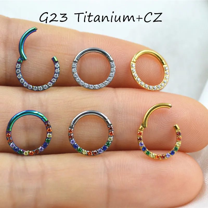 10pcs/lot  G23 Titanium Nose Seamless Hinged Segment Ring Septum Clicker Ear Cartilage Helix Tragus Rook Hoop  CZ 16Gx6/8/10mm