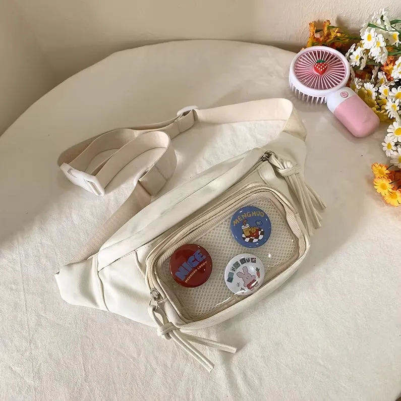 Cute Transparent Pocket Waist Bag for Women Casual Nylon Crossbody Chest Bag Multi-functional Fanny Pack for Travel & Daily Use