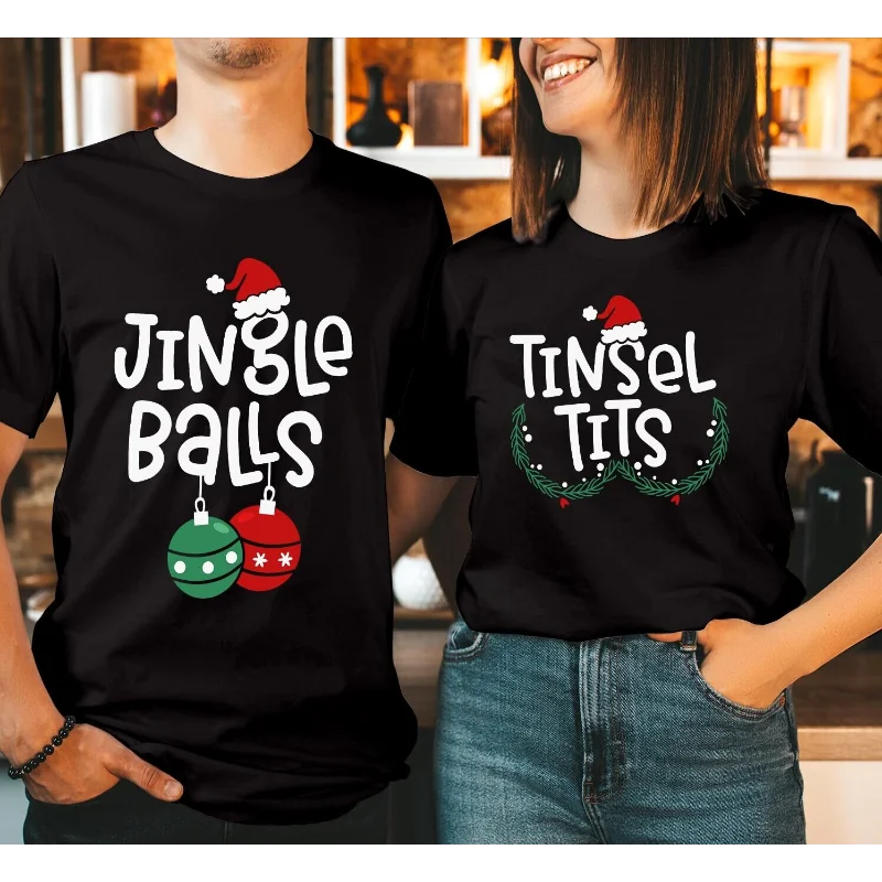 2024 new couple shirts couple Christmas t-shirt Christmas gift tops jingle balls tinsel tits multi-color short sleeves