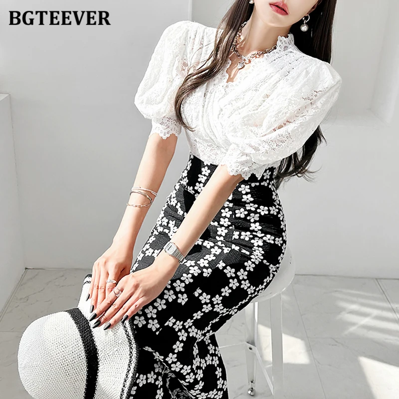 BGTEEVER Stylish Ladies 2 Pieces Outfits V-neck Short Sleeve Lace Blouses & High Waist Package Hip Mermaid Skirts Summer Set