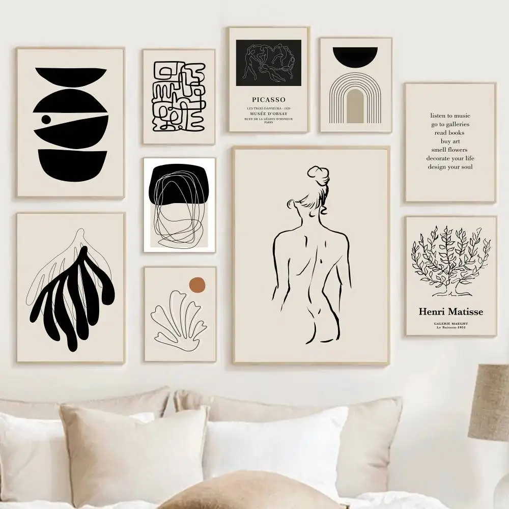 Beige-Schwarzes Abstraktes Linienkunst-Klebebild, Leinwand-Poster für Schlafzimmer, Kinderzimmer, Arbeitszimmer, Wohnzimmer zur Heimdekoration
