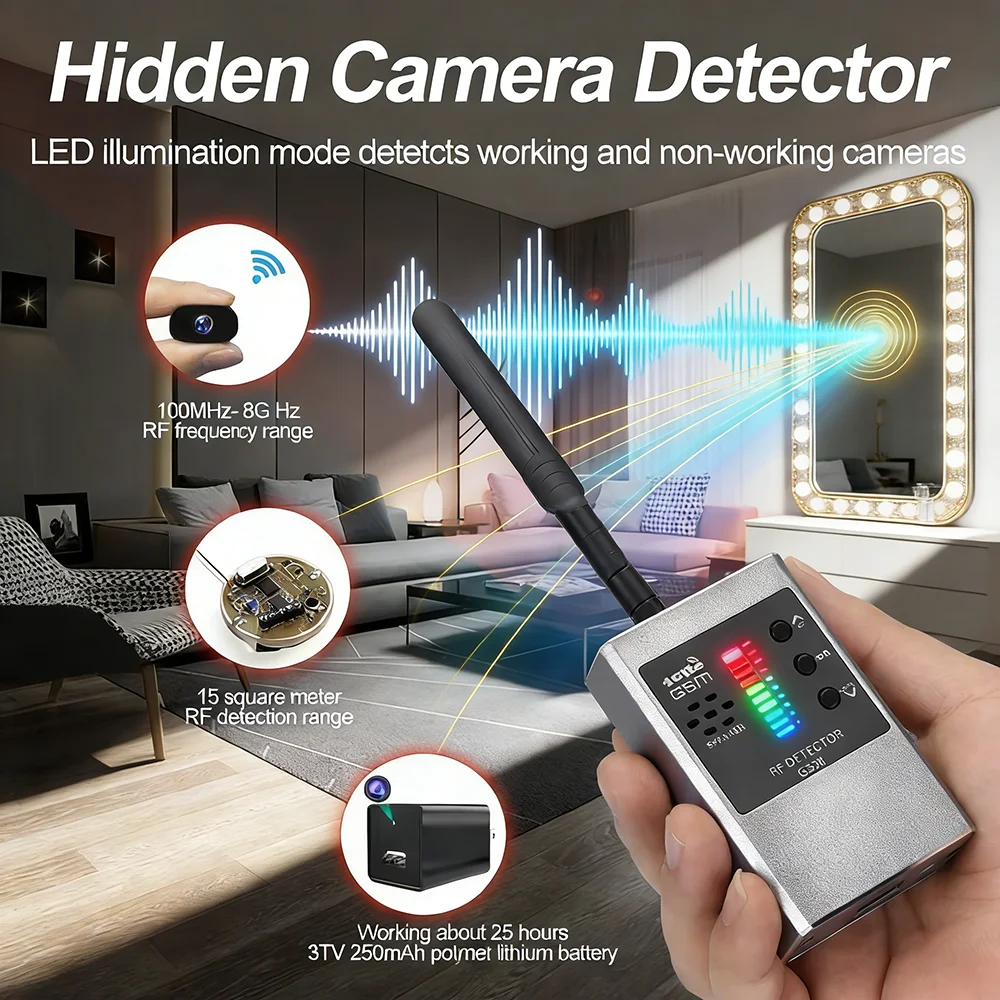 

Professional Anti-Spy Hidden Camera Detector RF Signal Wireless Camera Lens Bug GPS Tracker Magnetic GSM Device Scan Finder G338