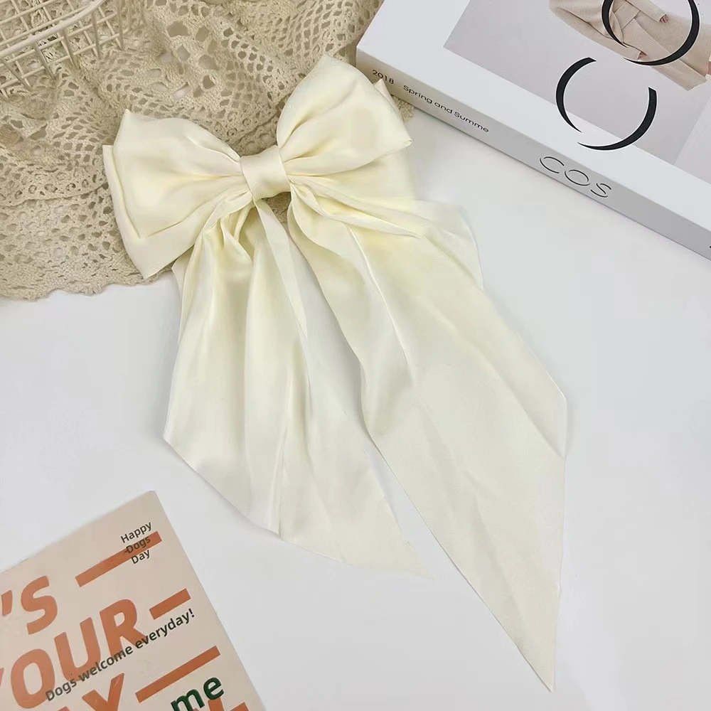 1pcs Wome Solid Color Satin Ribbon long Big Bows Hairpin Internet red Spring Clips Hair Accessories for Girls Trendy Summer He