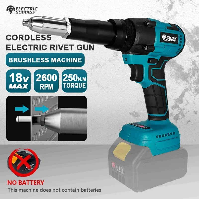 Electric Goddess Brushless 250N.m Electric Rivet Gun Cordless Rivet Nut Gun Drill Insert Automatic Riveting Tool with LED Light