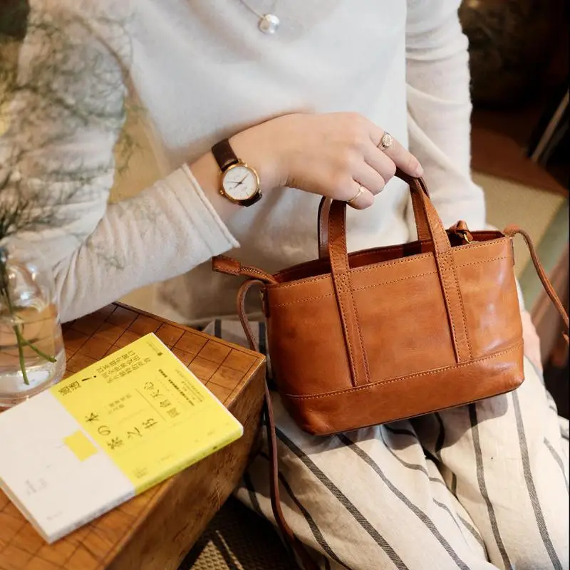 fashion designer genuine leather women's tote bag casual handmade natural vegetable tanned cowhide handbag female crossbody bag