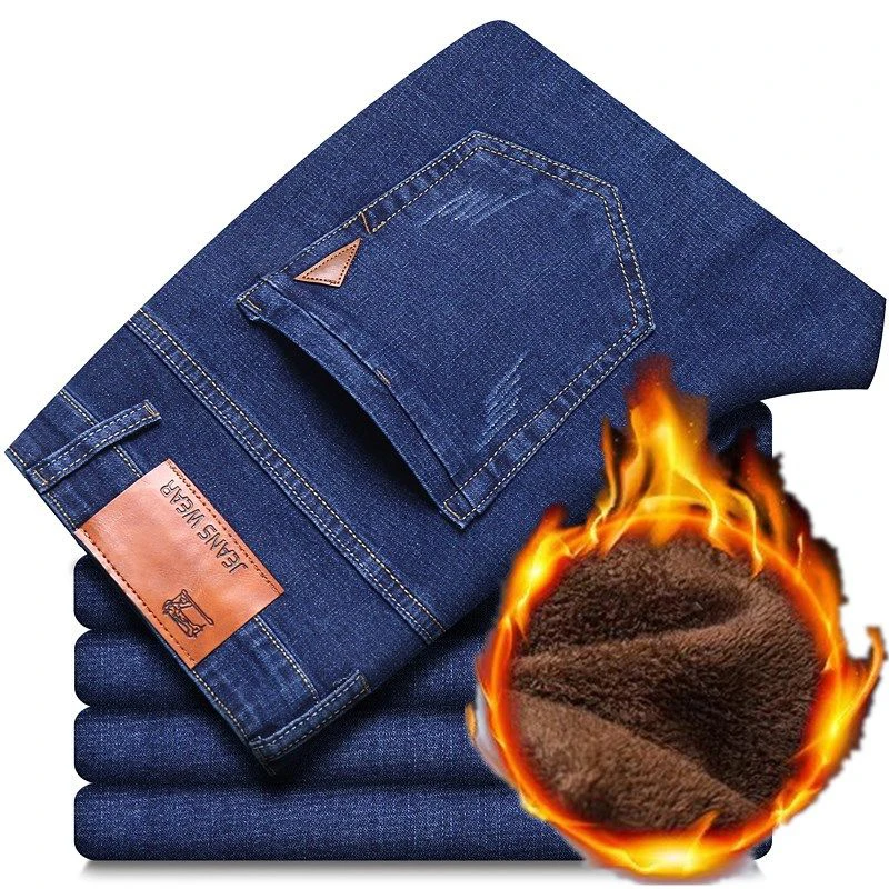 New Winter Warm Fleece Retro Men's Jeans Stretch Solid Color Denim Pants Work Thicken Cotton Blend Outdoors Trouser Plus Size 40
