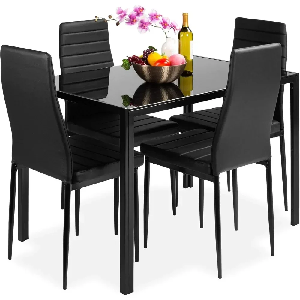 

Dining Table Set for 4, Modern Tempered Glass Rectangular Dining Table & 4 Faux Leather Chairs Furniture Set, Dining Table Set