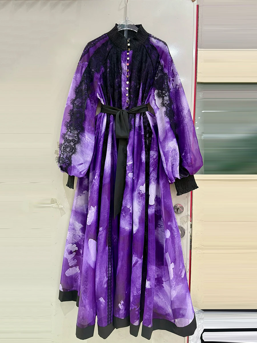 TWOTWINSTYLE Hit Color Spliced Belt Elegant Dresses for Women High Neck Long Sleeves Patchwork Lace Sheer Dress Female Clothing