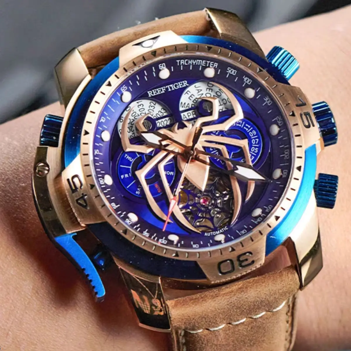 Reef Tiger Men Automatic Watch 46mm Mechanical Wristwatch 10ATM Waterproof Sapphire Mirror Luminous Year Month Week Spider Dial