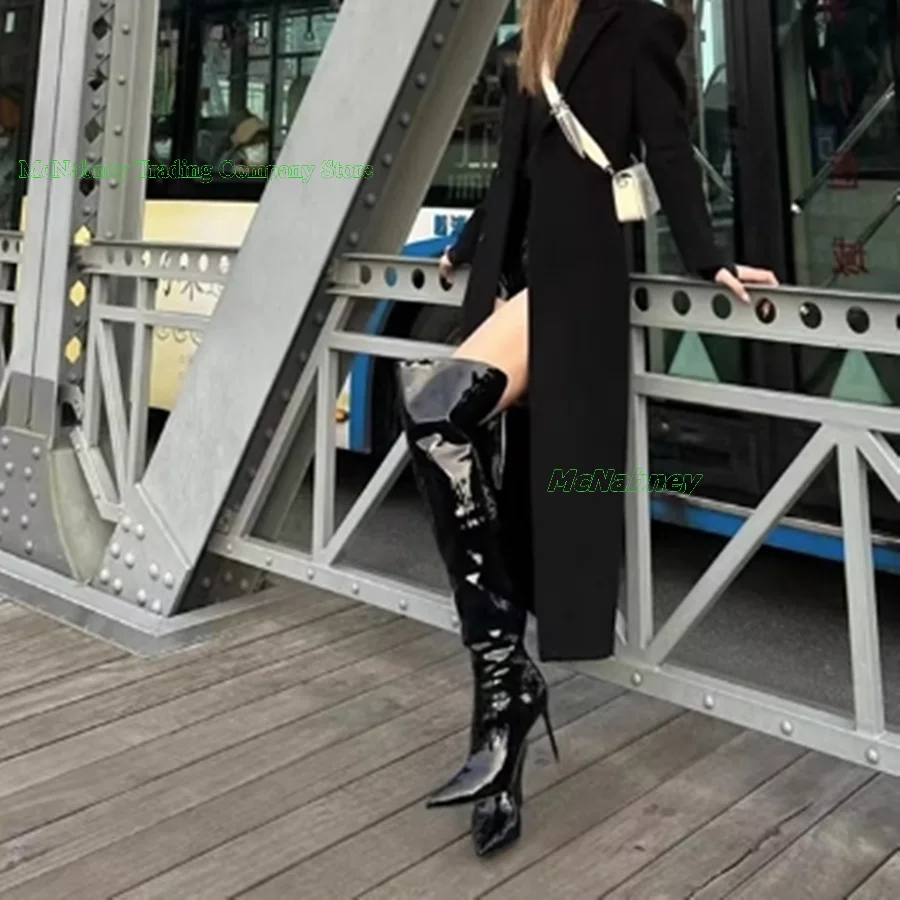 Shiny Leather Over the Knee Boots Retro Fall Pointed Toe High Heel Women Boots Party High Heel Shoes2023 New Zapatos Para Mujere