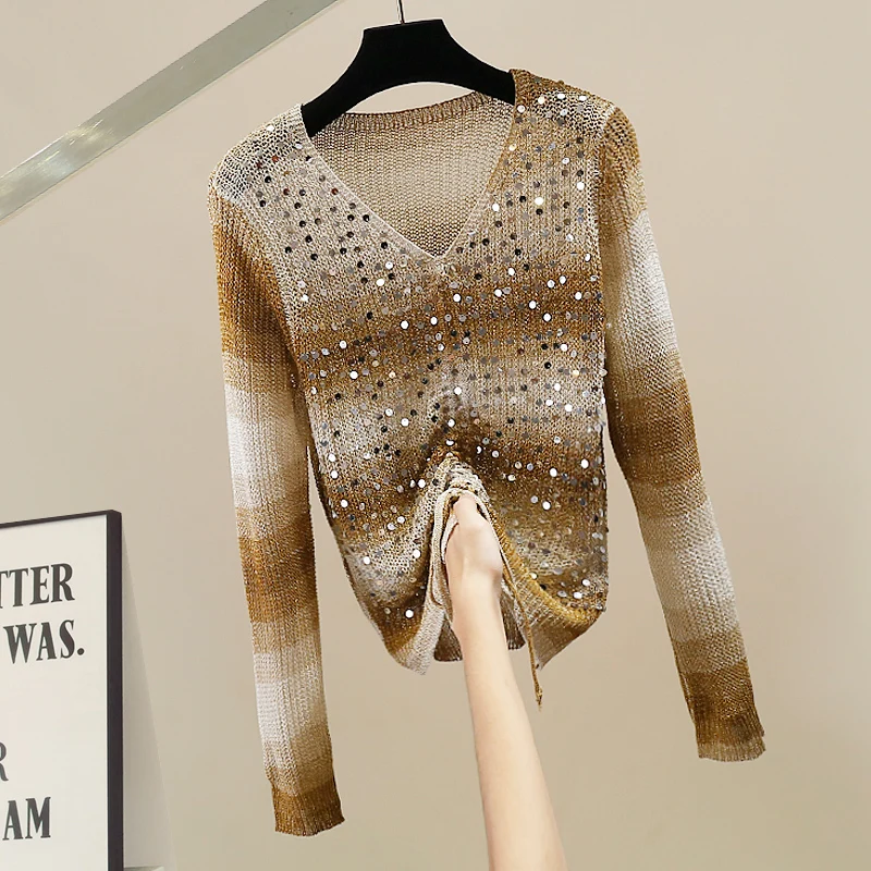 

Faionable Heavyweight adient Color V-Ne Loose Knit Sweater Ele Age-Defng Outerwear Versatile Comfortable Autumn E...