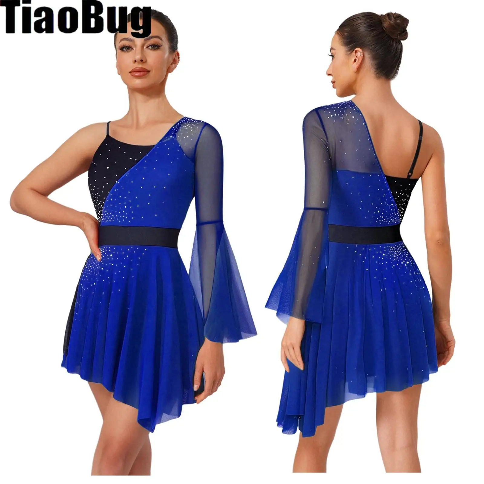 

Women Rhinestone Figure Skating Leotard Dress Color Block Mesh One Shoulder Flare Sleeve Lyrical Gymnastic Ballet Dance Costume