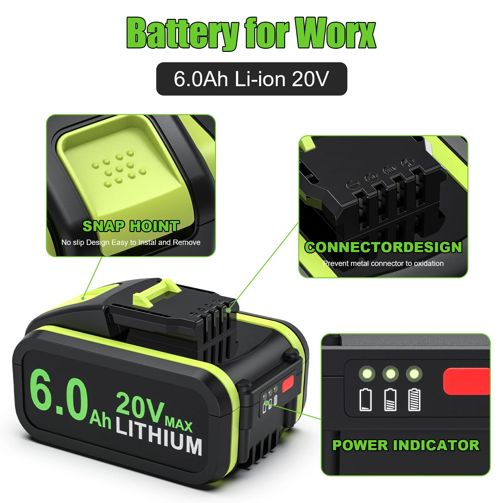 For Worx WA3551 Rechargeable Battery 6000mAh 20V Power Tool  Battery For WA3551.1 WA3572 WA3553 WX390 WX176 WX178 Tool Battery