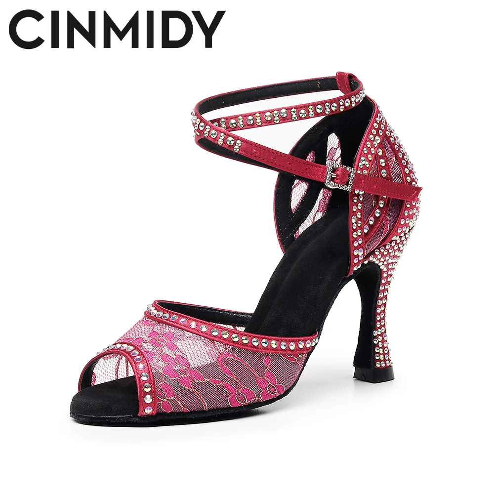 CINMIDY Zapatos de Baile de Encaje y Malla para Mujer, Zapatos de Baile Latino de Salsa y Tango con Tacón Cubano, Suela Suave para Fiestas