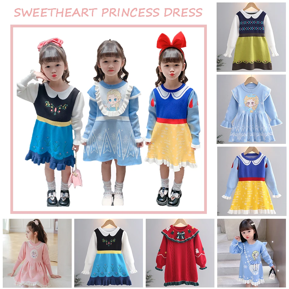 

Girl Knitted Dress Classic Kids Wear Knitted Elsa Anna Snow White High-quality Children Sweater Dress For Girls Daily Wear